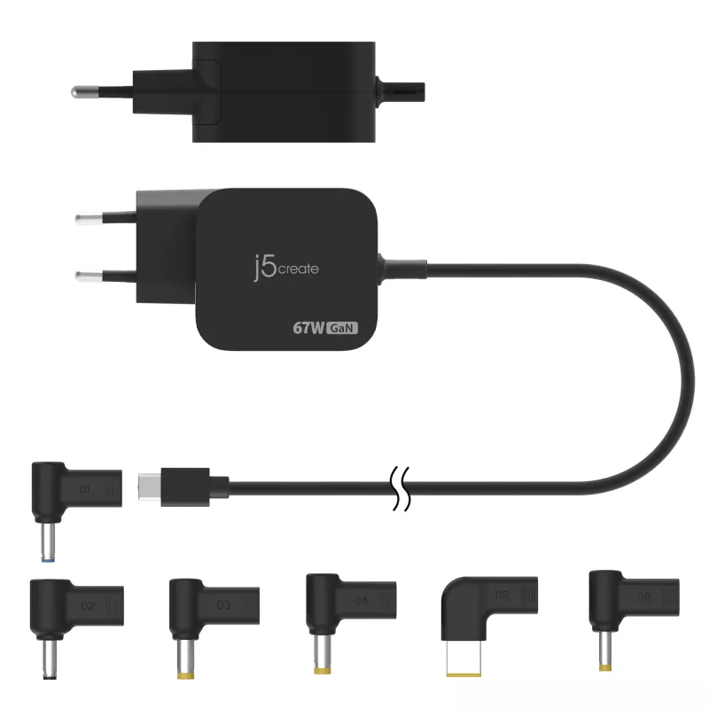 j5create JUP1565DC 67W GaN PD USB-C® Mini ładowarka z 6 typami złączy DC – EU, czarna
