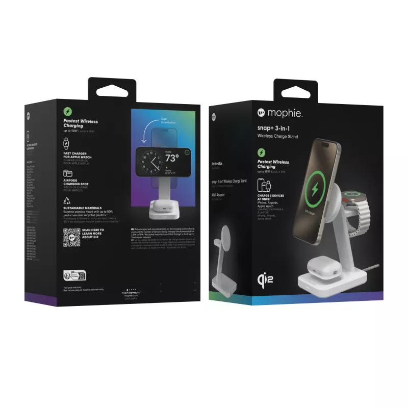 mophie Snap+ 3-w-1 bezprzewodowa stacja ładująca zestaw słuchawkowy, smartfon, smartwatch biała USB ładowanie bezprzewodowe szybkie ładowanie do użytku wewnątrz pomieszczeń