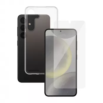 Zestaw 2-w-1 folii ochronnej PanzerGlass SAFE. do Samsung Galaxy S24 — szkło hartowane + tył TPU, przezroczysty, 50 szt.