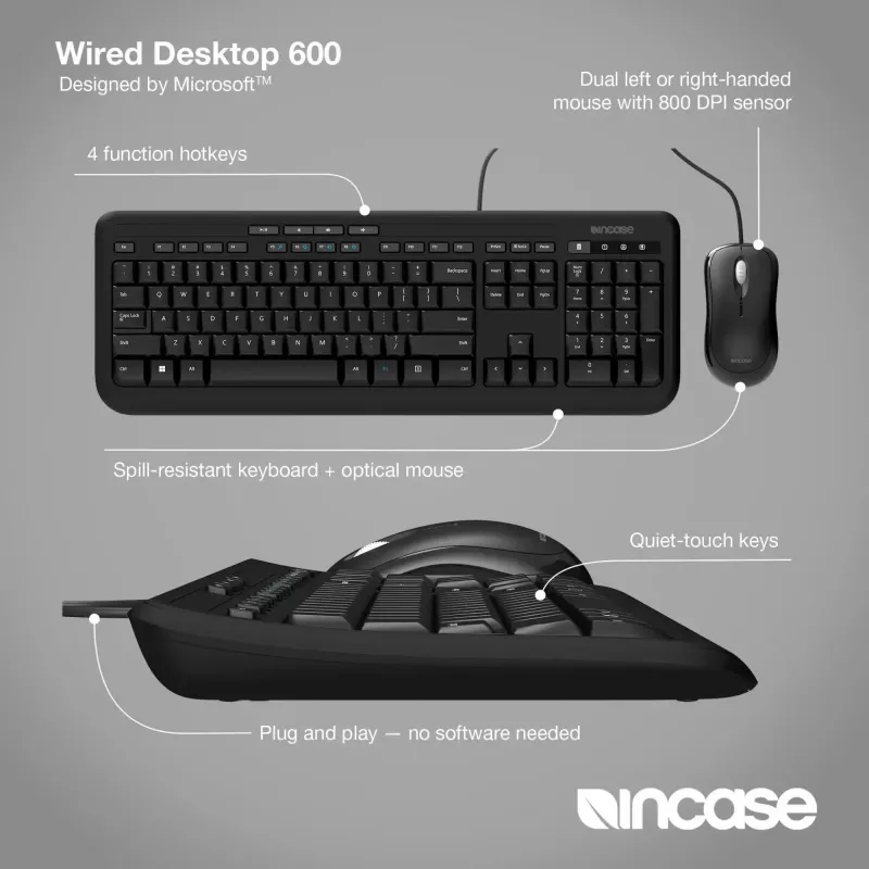 Incase Designed by Microsoft Wired Desktop 600 klawiatura Mysz w zestawie USB QWERTY UK English Czarny