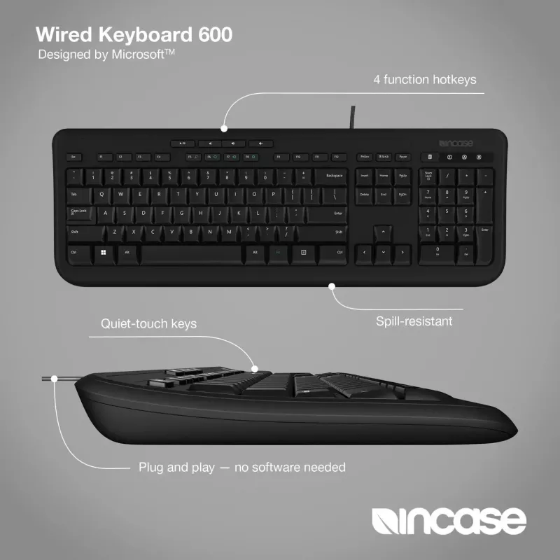 Przewodowa pełnowymiarowa klawiatura Incase Designed by Microsoft Wired 600 — USB, QWERTY, angielski (UK), czarna