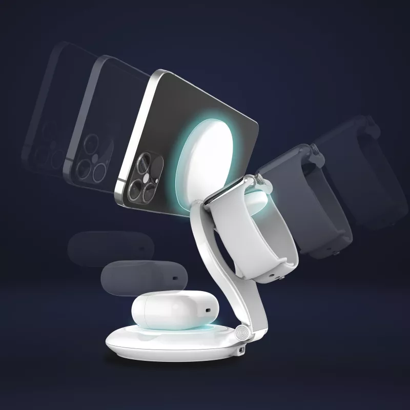 j5create Qi2 3-w-1 magnetyczna składana bezprzewodowa stacja ładująca do użytku wewnątrz pomieszczeń USB Smartwatch Słuchawki Smartphone