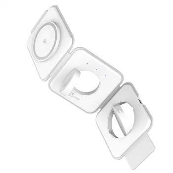 Stacja ładująca bezprzewodowa podróżna magnetyczna j5create Qi2 3-w-1 do użytku wewnętrznego USB szybkie ładowanie biała