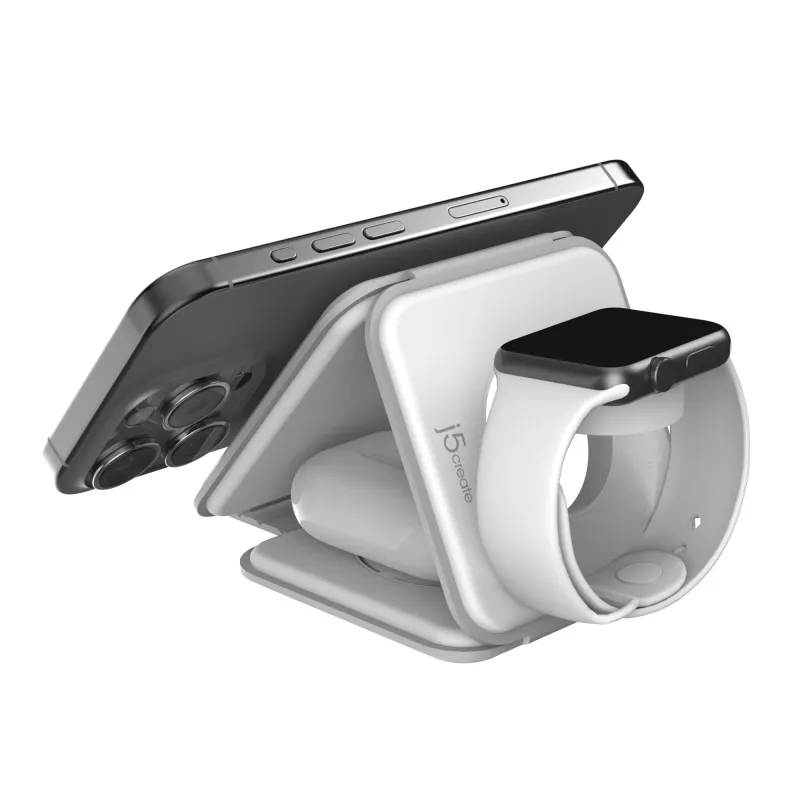 Stacja ładująca bezprzewodowa podróżna magnetyczna j5create Qi2 3-w-1 do użytku wewnętrznego USB szybkie ładowanie biała