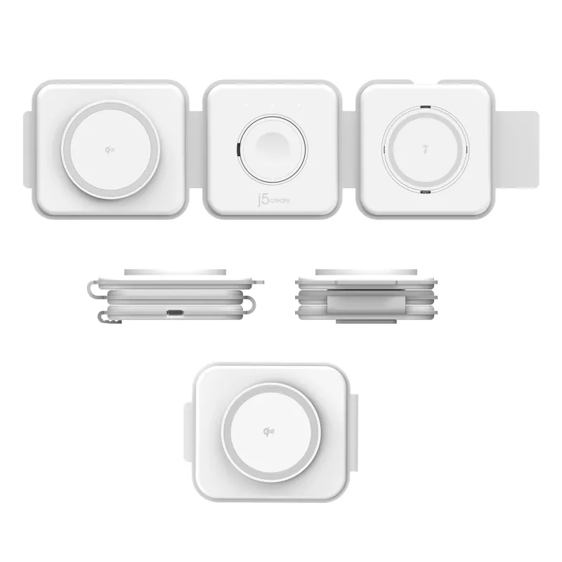 Stacja ładująca bezprzewodowa podróżna magnetyczna j5create Qi2 3-w-1 do użytku wewnętrznego USB szybkie ładowanie biała