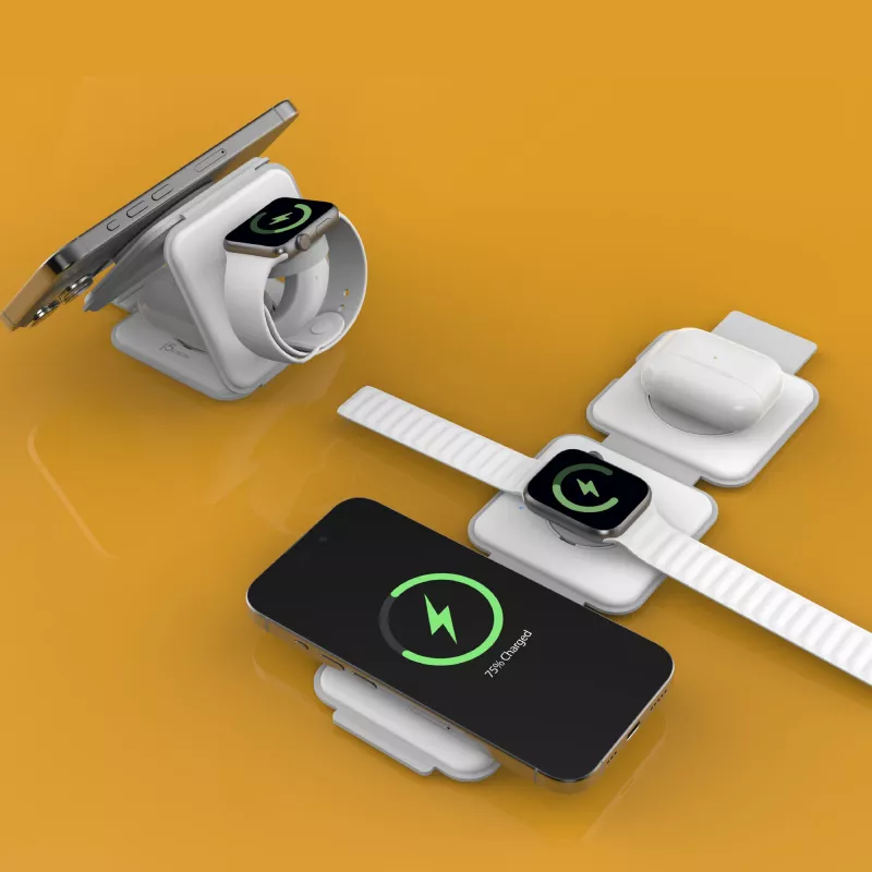 Stacja ładująca bezprzewodowa podróżna magnetyczna j5create Qi2 3-w-1 do użytku wewnętrznego USB szybkie ładowanie biała