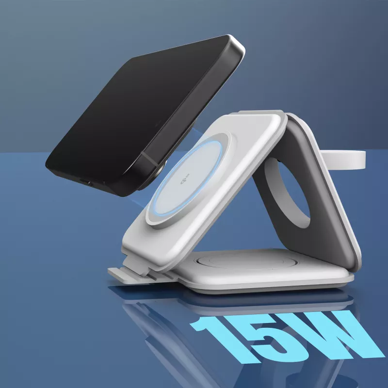 Stacja ładująca bezprzewodowa podróżna magnetyczna j5create Qi2 3-w-1 do użytku wewnętrznego USB szybkie ładowanie biała