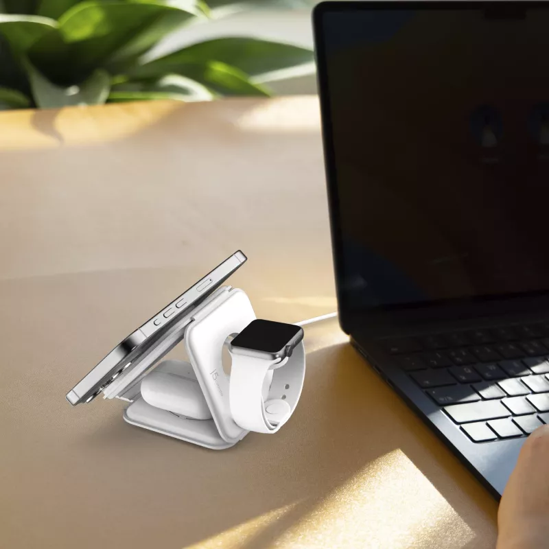 Stacja ładująca bezprzewodowa podróżna magnetyczna j5create Qi2 3-w-1 do użytku wewnętrznego USB szybkie ładowanie biała