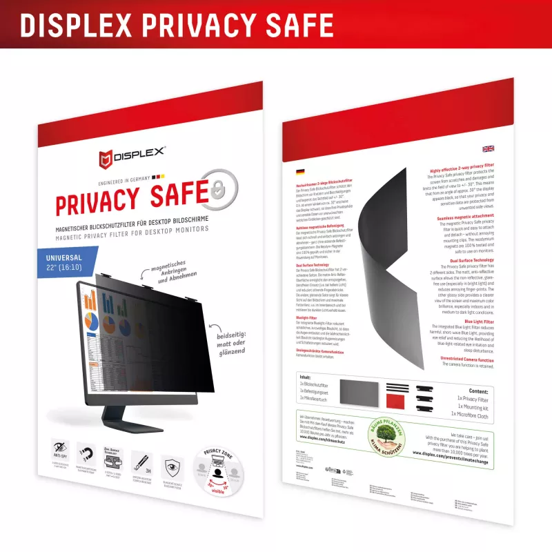 Displex PRIVACY SAFE odłączany dwukierunkowy filtr prywatyzujący do monitora biurkowego 22 inch (16:10)