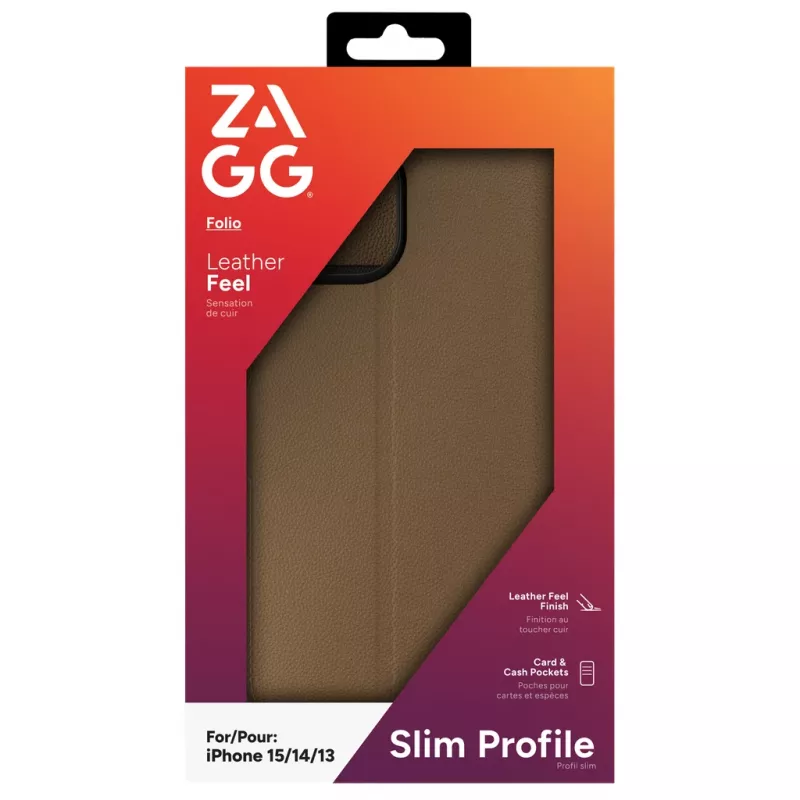 ZAGG Folio etui iPhone 17e/16e/15/14/13 Brązowy, Folio, Apple, iPhone 17e/16e/15/14/13, 15,5 cm (6,1 cala), Brązowy