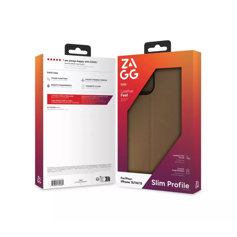 ZAGG Folio etui iPhone 17e/16e/15/14/13 Brązowy, Folio, Apple, iPhone 17e/16e/15/14/13, 15,5 cm (6,1 cala), Brązowy