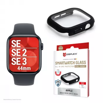 Szkło ochronne PanzerGlass Displex 10H do Apple Watch SE3/SE2/SE (44 mm) — pełna obudowa, IP68, zatrzaskowe, czarne matowe