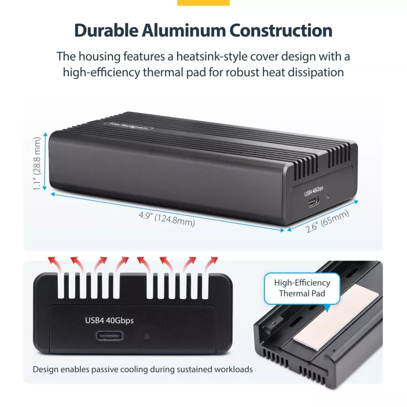 StarTech.com USB4 M.2 NVMe Enclosure, 40Gbps, External USB-C/Thunderbolt NVMe SSD Enclosure, Aluminum Heatsink Case, B+M/M-Key