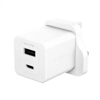 PanzerGlass empower™ by ® Turbo 35W Ładowarka z USB-C + USB-A | Wtyczka UK | Srebrno-biała