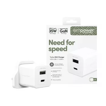 PanzerGlass empower™ by ® Turbo 35W Ładowarka z USB-C + USB-A | Wtyczka UK | Srebrno-biała