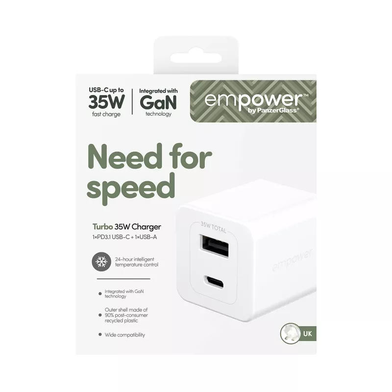 PanzerGlass empower™ by ® Turbo 35W Ładowarka z USB-C + USB-A | Wtyczka UK | Srebrno-biała