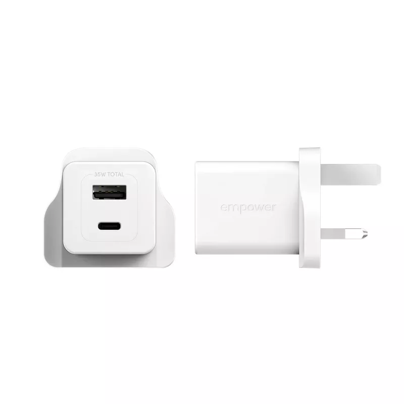 PanzerGlass empower™ by ® Turbo 35W Ładowarka z USB-C + USB-A | Wtyczka UK | Srebrno-biała