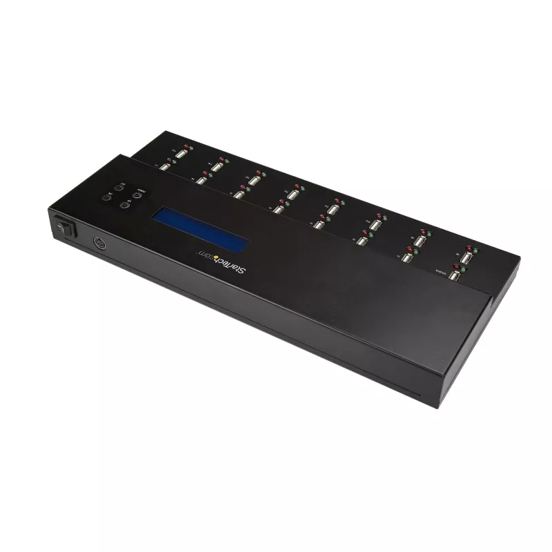 StarTech.com Samodzielny duplikator i kasownik pamięci USB 1 na 15, kopiarka wielu pamięci USB, kopiowanie systemowe, plikowe i całego dysku z prędkością 1,5 GB/min, kasowanie pojedyncze i 3-przebiegowe, wyświetlacz LCD - TAA