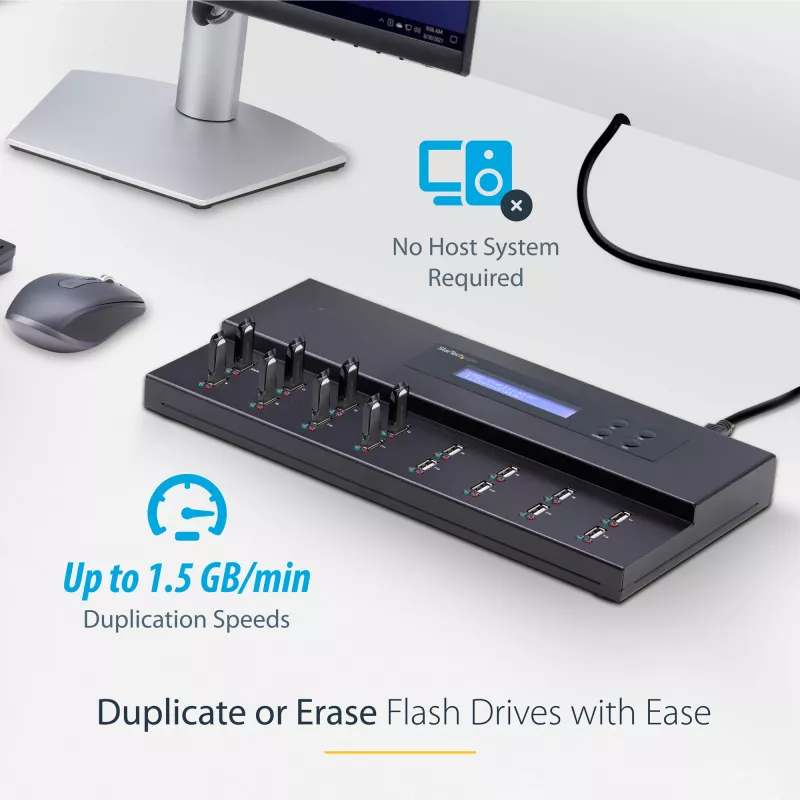 StarTech.com Samodzielny duplikator i kasownik pamięci USB 1 na 15, kopiarka wielu pamięci USB, kopiowanie systemowe, plikowe i całego dysku z prędkością 1,5 GB/min, kasowanie pojedyncze i 3-przebiegowe, wyświetlacz LCD - TAA