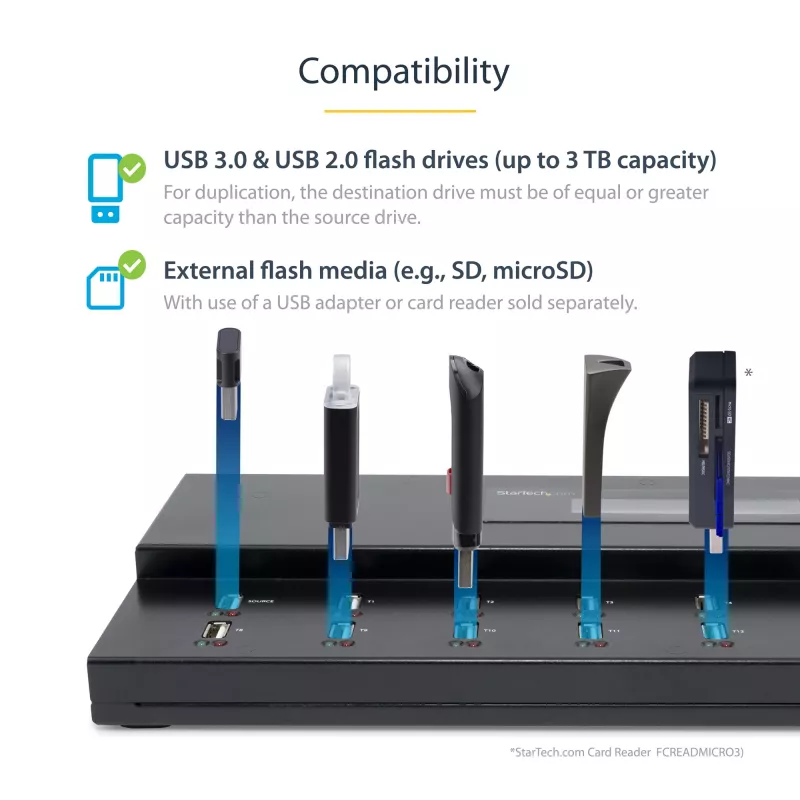 StarTech.com Samodzielny duplikator i kasownik pamięci USB 1 na 15, kopiarka wielu pamięci USB, kopiowanie systemowe, plikowe i całego dysku z prędkością 1,5 GB/min, kasowanie pojedyncze i 3-przebiegowe, wyświetlacz LCD - TAA
