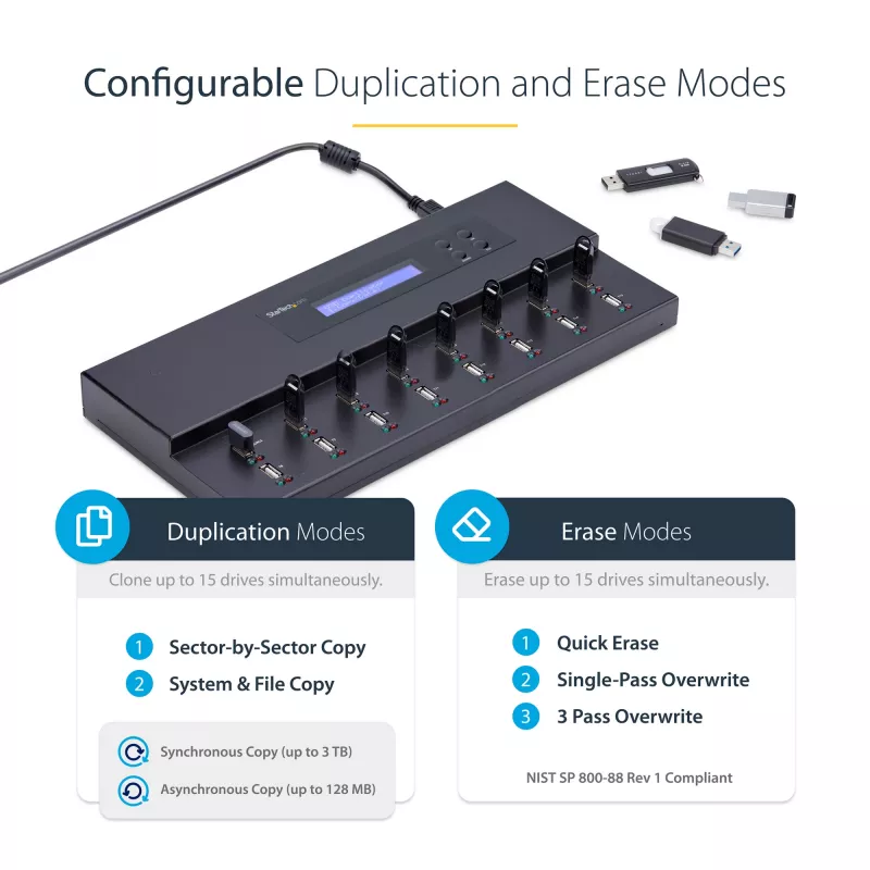 StarTech.com Samodzielny duplikator i kasownik pamięci USB 1 na 15, kopiarka wielu pamięci USB, kopiowanie systemowe, plikowe i całego dysku z prędkością 1,5 GB/min, kasowanie pojedyncze i 3-przebiegowe, wyświetlacz LCD - TAA