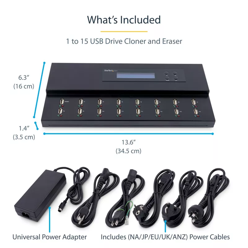 StarTech.com Samodzielny duplikator i kasownik pamięci USB 1 na 15, kopiarka wielu pamięci USB, kopiowanie systemowe, plikowe i całego dysku z prędkością 1,5 GB/min, kasowanie pojedyncze i 3-przebiegowe, wyświetlacz LCD - TAA