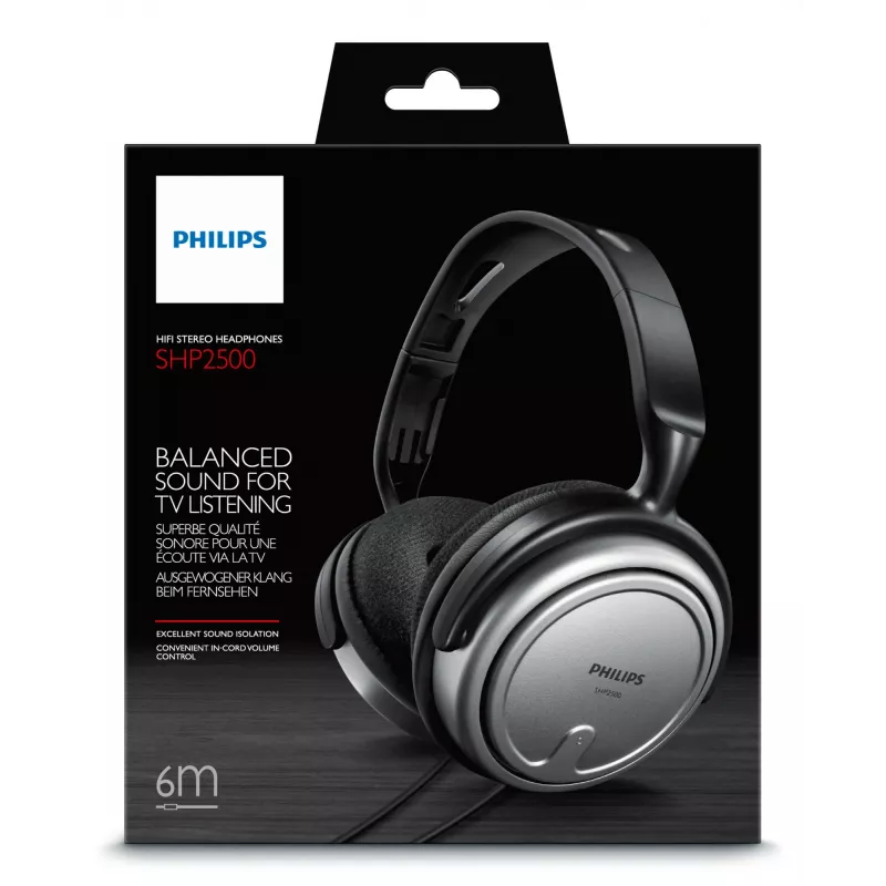 Philips Indoor Corded TV Headphone SHP2500/10, Przewodowe, 15 - 22000 Hz, Muzyka, 909 g, Słuchawki, Czarny, Srebrny