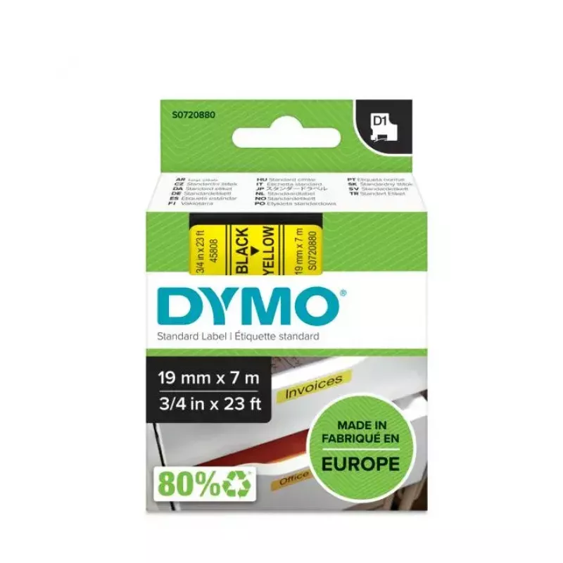 Etykiety DYMO Authentic D1 | Czarny nadruk na żółtej taśmie | 19 mm x 7 m | Etykiety samoprzylepne do etykieciarek LabelManager | Wyprodukowano w Europie