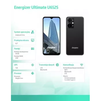Smartfon Energizer U652SEU, wyświetlacz 6,51 cala, pamięć 64 GB, czarny