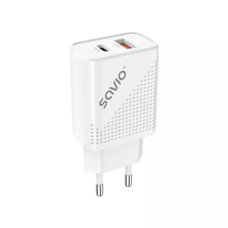 Ładowarka sieciowa SAVIO LA-04 USB Typ-A i Typ-C, 18 W, PD 3.0 Quick Charge, 2x USB-A + 1x USB-C, 100–240 V, biała