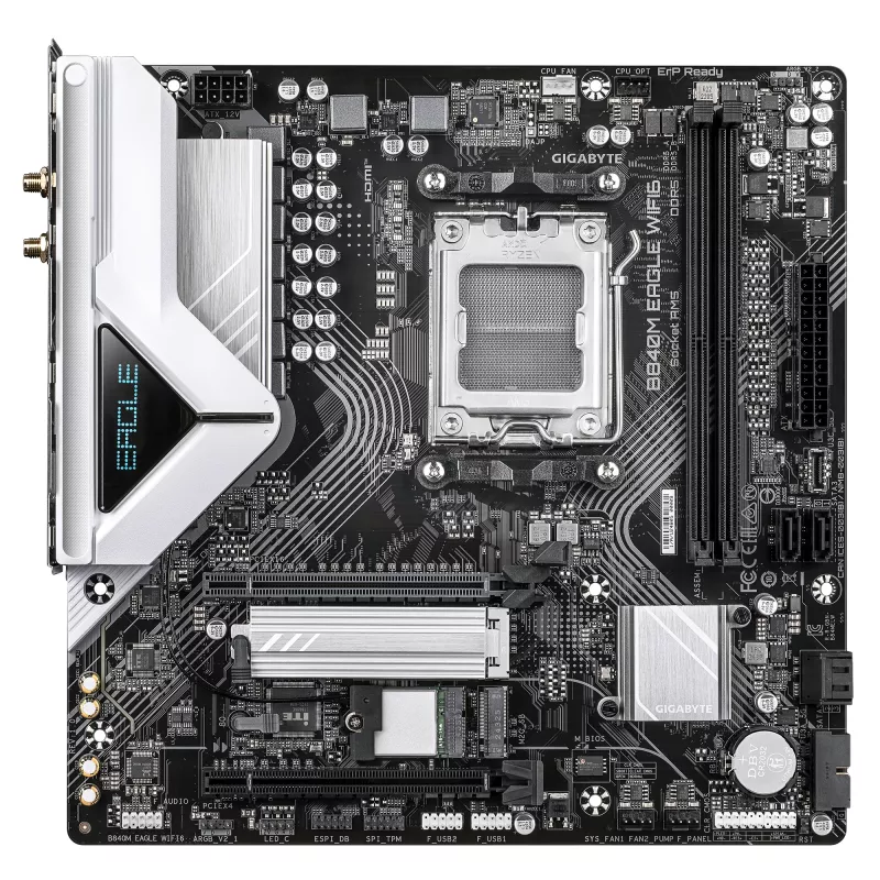 Płyta główna GIGABYTE B840M EAGLE WIFI6 - procesory AMD Ryzen 9000, 5+2+2 fazy VRM, do 7600MHz DDR5 (O.C), 1xPCIe 4.0 + 1xPCIe 3.0 M.2, Wi-Fi 6, 2.5GbE LAN, USB 3.2 Gen 1