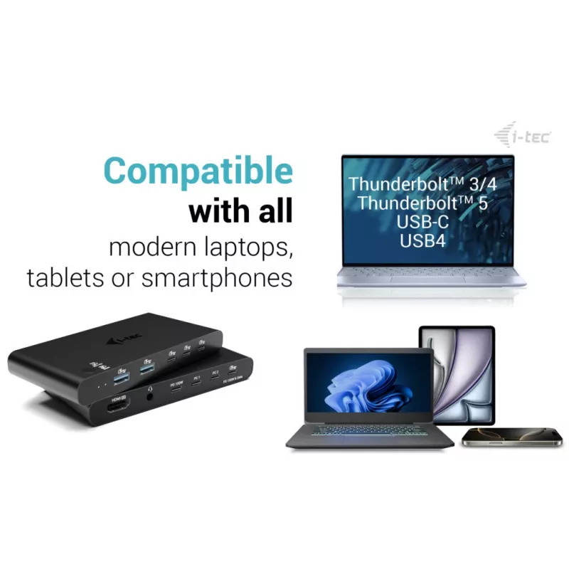 Stacja dokująca KVM i-tec dla 2 hostów HDMI, interfejs hosta USB-C, PD 2×100 W, 4K@60 Hz, 2×USB-A