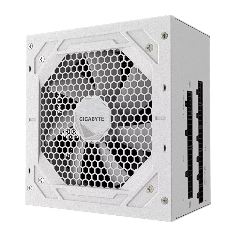 Zasilacz GIGABYTE UD850GM PG5 V2 ICE — 850W, PCIe Gen 5.1, 80 PLUS Gold, w pełni modułowy, wentylator 120mm, ATX 3.1, wtyczka UK, biały