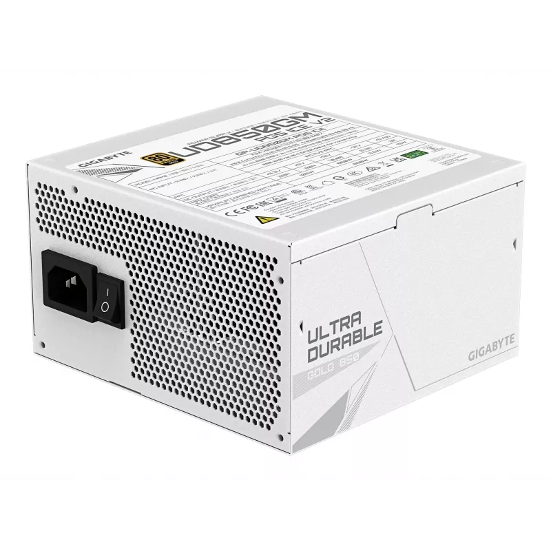 Zasilacz GIGABYTE UD850GM PG5 V2 ICE — 850W, PCIe Gen 5.1, 80 PLUS Gold, w pełni modułowy, wentylator 120mm, ATX 3.1, wtyczka UK, biały