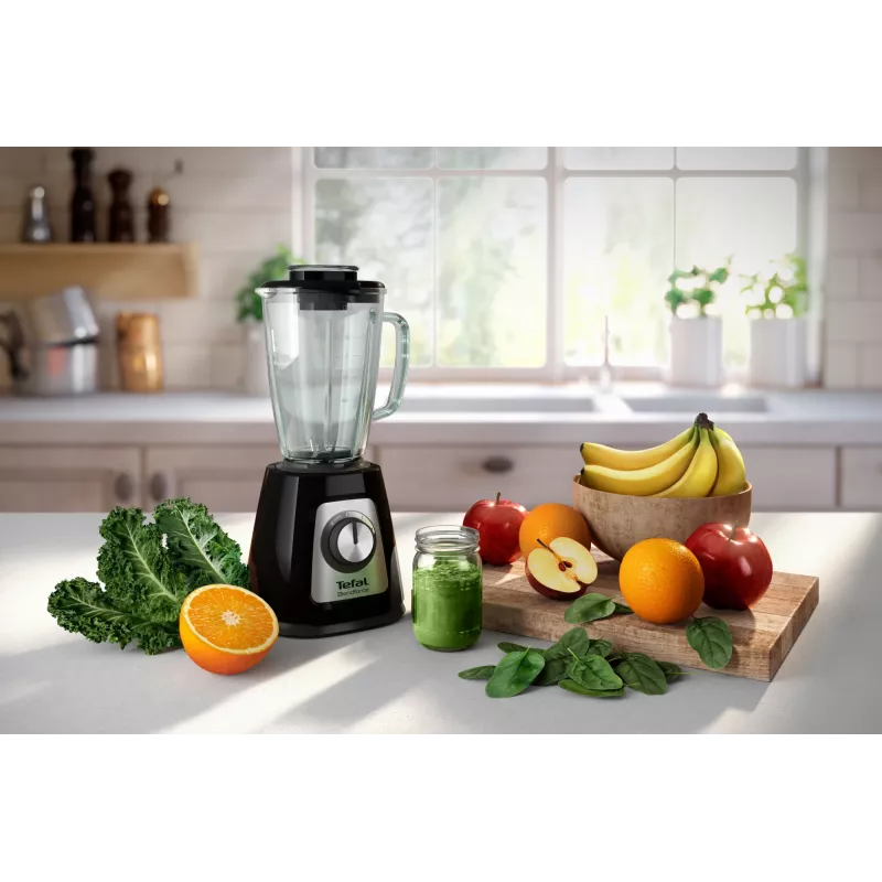 Blender stołowy Tefal BL4358 — 800 W, szklany dzbanek 1,25 l, kruszenie lodu, czarny/szczotkowana stal