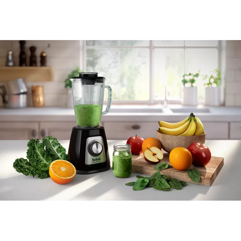 Blender stołowy Tefal BL4358 — 800 W, szklany dzbanek 1,25 l, kruszenie lodu, czarny/szczotkowana stal