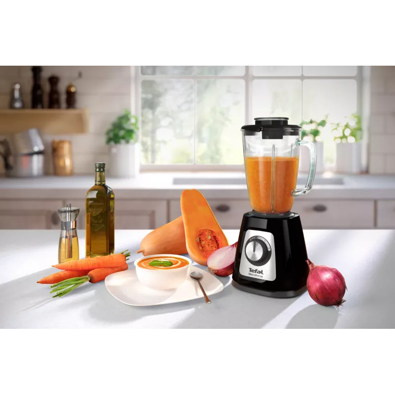 Blender stołowy Tefal BL4358 — 800 W, szklany dzbanek 1,25 l, kruszenie lodu, czarny/szczotkowana stal
