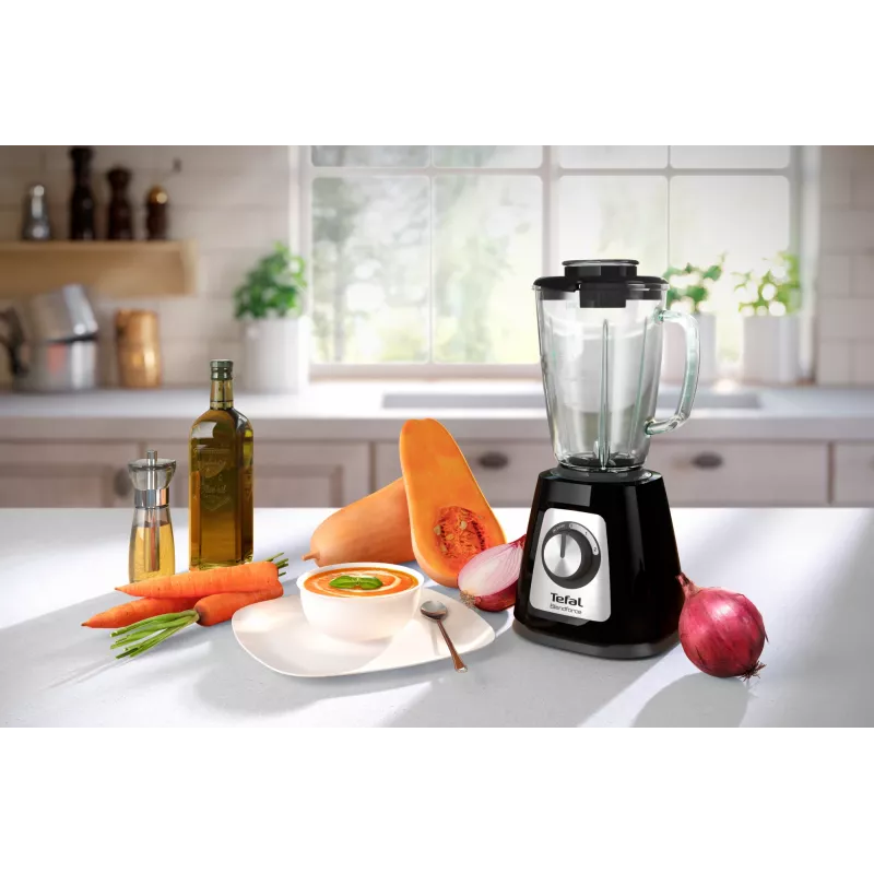 Blender stołowy Tefal BL4358 — 800 W, szklany dzbanek 1,25 l, kruszenie lodu, czarny/szczotkowana stal