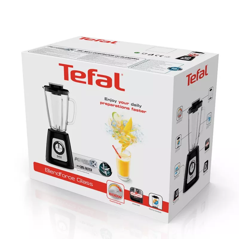 Blender stołowy Tefal BL4358 — 800 W, szklany dzbanek 1,25 l, kruszenie lodu, czarny/szczotkowana stal