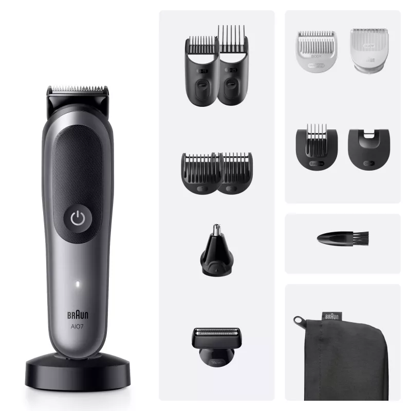 Trymer BRAUN 80789908 Ciemnoszary — 21 stopni długości, litowo-jonowy, czas pracy 120 min, zasilanie AC/Bateria