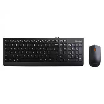 Zestaw przewodowej klawiatury i myszy Lenovo 300 — pełnowymiarowa QWERTY US English, USB, czarna, kabel 1,8 m, mysz 1600 DPI