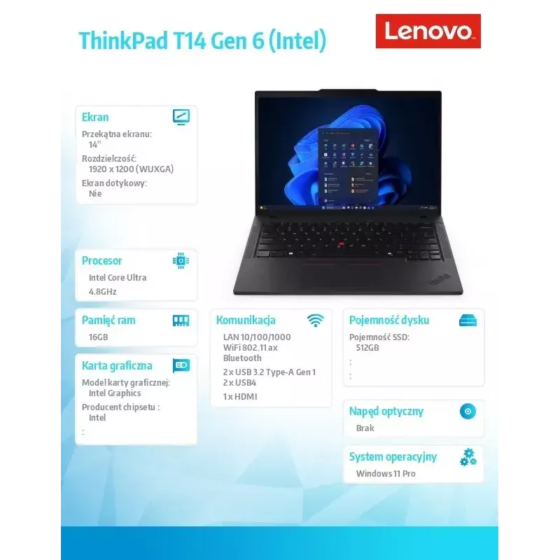 Laptop Lenovo ThinkPad T14 G6 14.0 cal Ultra 5 225U 16GB 512GB INT W11Pro Czarny