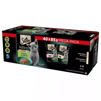 Mokra karma dla kociąt Sheba Kitten Selection of Flavors in Sauce 40×85 g — mokra karma dla młodych kociąt, 40 saszetek x 85 g, 3,4 kg, głównie o smaku kurczaka