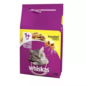 Sucha karma dla kota Whiskas kurczak dla dorosłych kotów 14 kg — białko 30%, tłuszcz 12%, włókno 2%