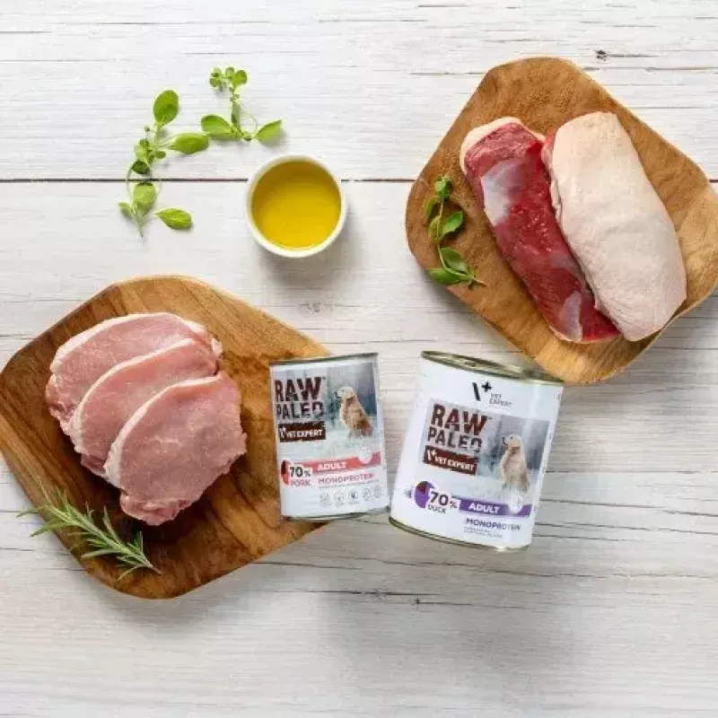 Mokra karma dla psa VETEXPERT RAW PALEO Adult Monoprotein Pork puszka 800 g, bezzbożowa, bezglutenowa i bez soi