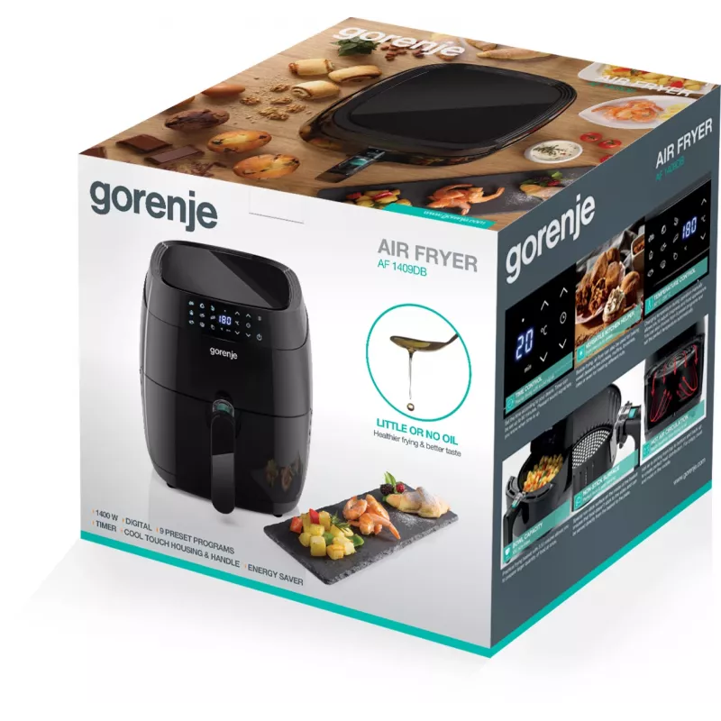Frytownica beztłuszczowa Gorenje AF1409DB — pojemność 3,2 l, 1400 W, wyświetlacz LED, min. temp. 90 °C, czarna