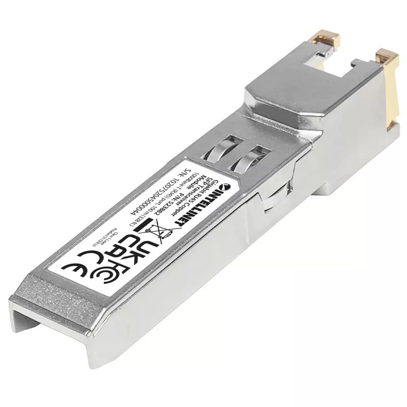 Moduł nadawczo-odbiorczy Intellinet Optical, Gigabit RJ45 miedź SFP, port 1000Base-T (RJ45), 100 m, zgodny z MSA, odpowiednik Cisco GLC-T, Ethernet, światłowód, trzyletnia gwarancja