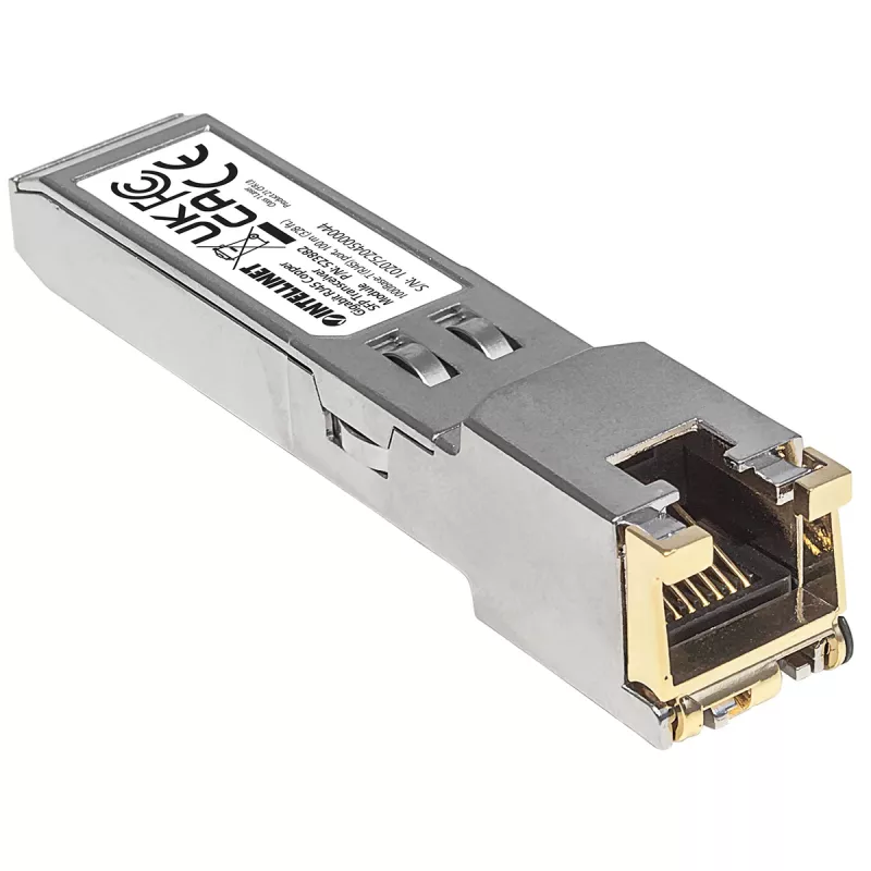 Moduł nadawczo-odbiorczy Intellinet Optical, Gigabit RJ45 miedź SFP, port 1000Base-T (RJ45), 100 m, zgodny z MSA, odpowiednik Cisco GLC-T, Ethernet, światłowód, trzyletnia gwarancja