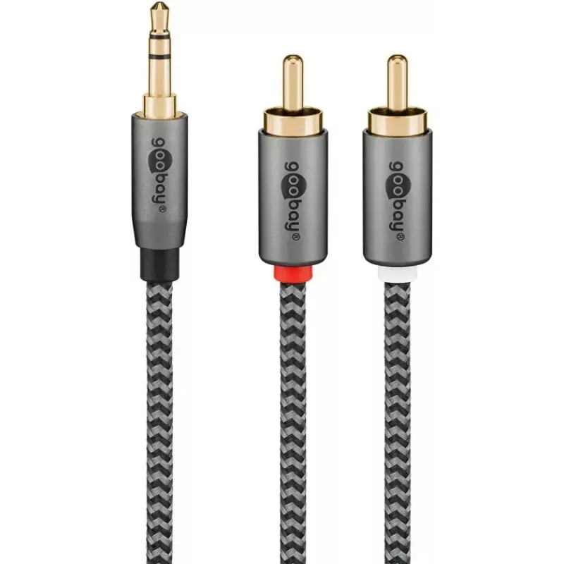 Kabel audio Goobay 65285 3,5 mm męski do 2×RCA męski, 1 m, miedź, pozłacane styki, ekranowany magnetycznie (czarny/srebrny)