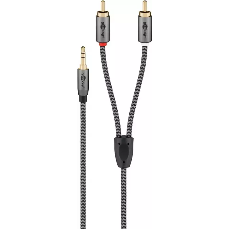 Kabel audio Goobay 65285 3,5 mm męski do 2×RCA męski, 1 m, miedź, pozłacane styki, ekranowany magnetycznie (czarny/srebrny)